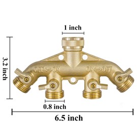 Hourleey Brass Garden Hose Splitter (4 Way), Solid Brass Hose Connector 3/4", Hose Spigot Adapter 4 Valves with 4 Extra Rubber Washers