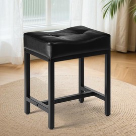 FLYZC Saddle Seat Vanity Stool, Makeup Stool Chair with Metal Leg, U-Shaped Faux Leather Ottoman Foot Rest, Small Square Chairs Under Desk for Vanity, Living Room, Bedroom, Modern Makeup Bench Black