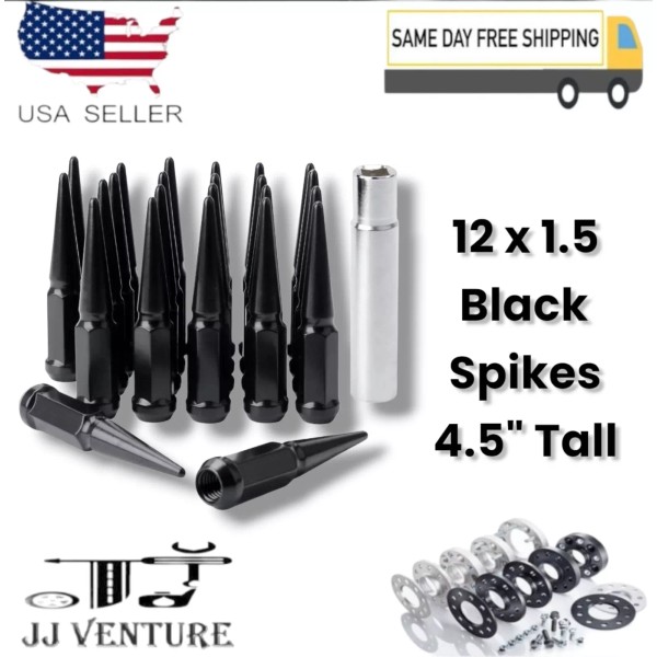 TJ 24Pc Black 4.5" Tall M12x1.5 Spike Lug Nut+Key Fit