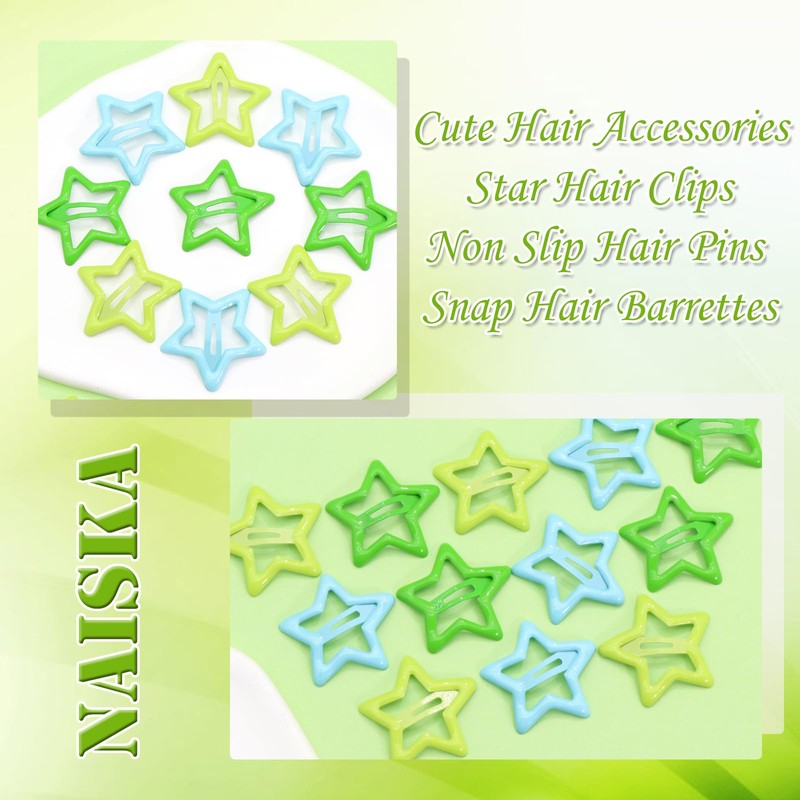 NAISKA Green Star Hair Accessories - Non-Slip Snap Barrettes and