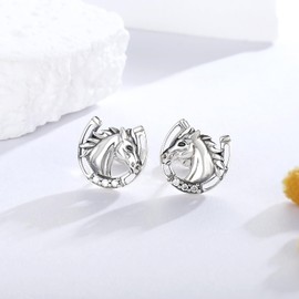 Hypoallergenic 925 Sterling Silver Animals Mushroom Stud Earrings Dog Bunny Pig Cow Otter Deer Ear Studs for Women (Horseshoe & Horse)