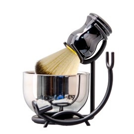 Grandslam Deluxe Shaving Kit for Men, 3 in 1 Shaving Set Includes Shaving Brush, Stainless Steel Shaving Bowl and Razor & Brush Holder, Black Set