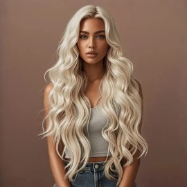 Smilco 28 Inch Long Blonde Curly 13x4 Lace Body Wave Style 150% Density Very Suitable for Role-playing Synthetic Lace Front Wig.SM9216Bcolor: Light gold big wavy long hair, Stretched Length: 28"