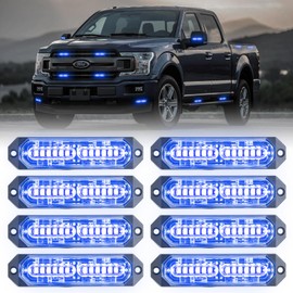 PKINGLAKE 8-Pcs 12 LED Sync Feature Emergency Strobe Grille Lights Ultra Slim Surface Mount Hazard Warning Flashing Light Bar for Firefighter/Construction/Police/Trucks/Vehicles/Car/SUV (Blue)