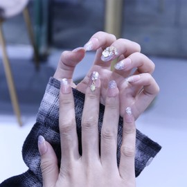 24pcs Nude Powder Nail Tips 3D Small Floral Pendant French Nail Pearl for Wedding, Party, Holiday, Dating, Prom and Daily Life