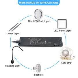 VST 60W LED Power Supply 100V-240V AC to 12V DC Low Voltage Transformer with 12V JST Ports, ETL Listed Black Dimmable LED Driver for LED Strip Lights and Cabinet Lights