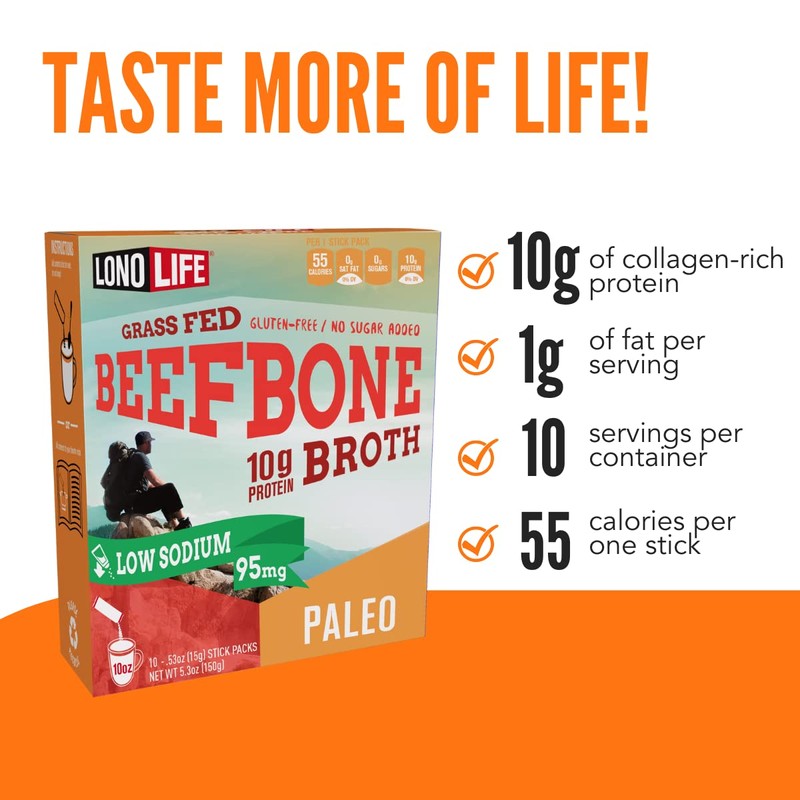 LonoLife Low Sodium Beef Bone Broth Powder Mix | Grass-Fed,