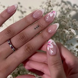 White French Tip Press on Nails Short Almond Fake Nails with Flower Rhinestones Design Summer Floral Glue on Nails Reusable Artificial Nails Acrylic Full Cover Stick on Nail for Elegant Women 24 Pcs