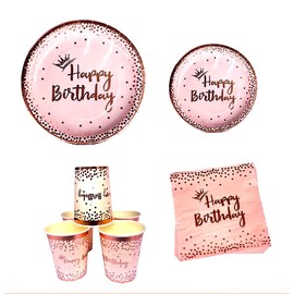 80 Pieces Pink and Rose Gold Birthday Party Tableware Disposable Set, Plates, Napkins and Cups- Serves 20 Guests (Pink and Rose Gold)