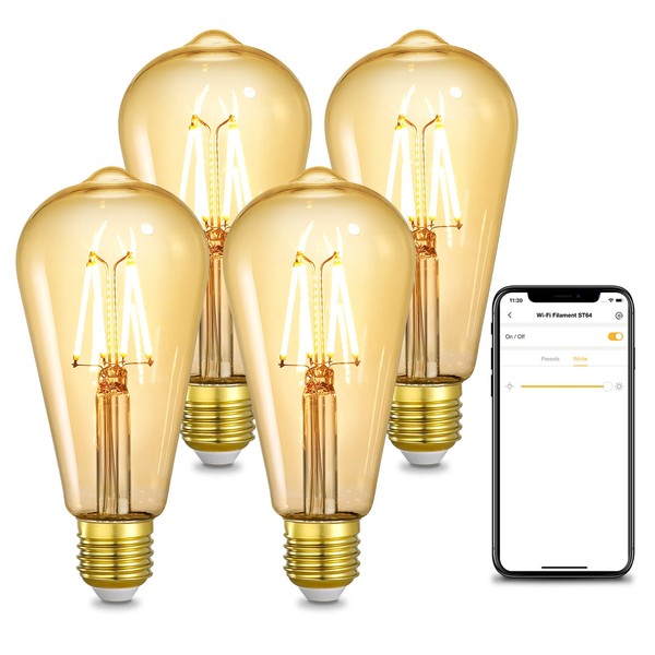 Linkind Smart Edison Bulbs, WiFi LED E26 Edison Bulbs, Dimmable ST19 Vintage Filament Light Bulb, 45W Equivalent, 2200K Soft White, 350lm, Compatible with Alexa, Google Home, No Hub Required, 4 Pack