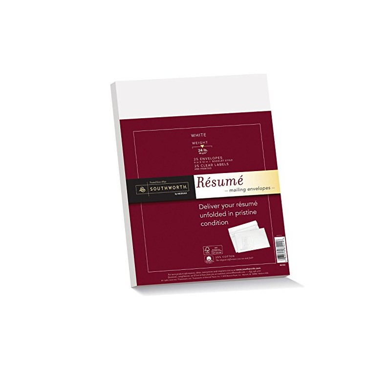 Southworth 25% Cotton Résumé Envelopes and Labels, 9” x 12”,