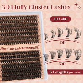 Higu clace Cluster-Lashes Kit 40D+50D,Eyelashes Individual Kit Mix 10-18mm Lashes Cluster Kit with Lash Bond and Seal and Lash Applicator, DIY Lash Extension Kit at Home (40D+50D 10-18mm)