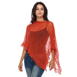 SHU-SHI - Women's Poncho Top with Ruffles - Transparent - Lightweight Knitted Material, Dark Orange