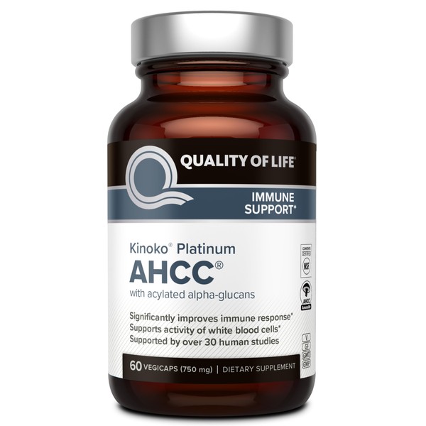 Quality of Life Premium Kinoko Platinum AHCC Herbal Supplement, 750mg of AHCC per Capsule, for Immune Support, Liver Function, Maintains Natural Killer Cell Activity, 1 Pack, 60 Veggie Capsules
