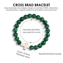Christian Cross Bracelet for Women & Men - Natural Bead, Religious Cross Healing, Stretch Charm Crystal Anxiety Bracelets for Birthday, Christmas, Christian, Easter Gifts, Malachite