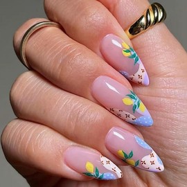 BAOYAALIN Almond Press on Nails Medium French Fake Nails with Flower Design Full Cover False Acrylic Glue Stick on Nail for Women Girls 24Pcs