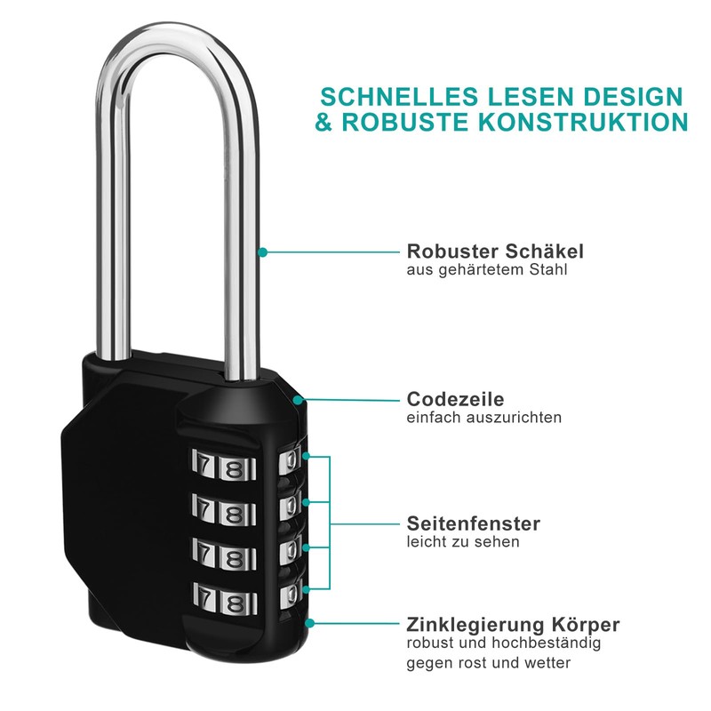 ZHEGE Number Padlock, Long Shackle, Large Combination Locks, 4-Digit Lock