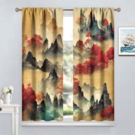 SHElifestyle Asian Window Curtains, Vintage Chinese Japanese Fantasy Landscape Clouds Window Treatments Retro Red Plum Blossom Mountains Painting Window Drapes for Bedroom Kitchen Living Room 42x45in