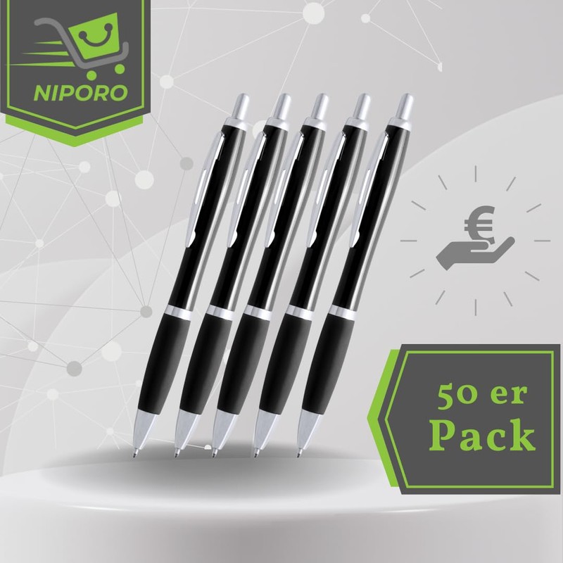 NIPORO 50 Ballpoint Pens Black Ergonomic with Blue Refill and