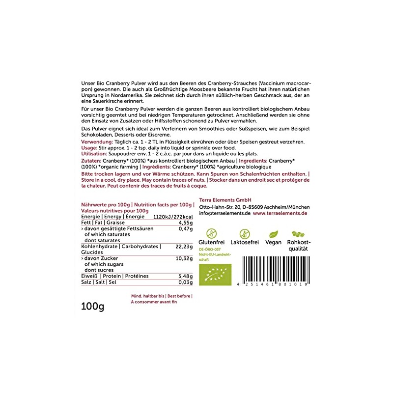 Terra Elements Organic Cranberry Powder, 100 g, 100% Pure, Vegan,