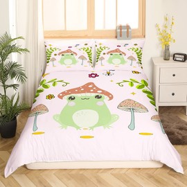 Feelyou Cute Frog Comforter Cover Set Mushroom Bedding Set Kids Boys Girls Natural Wild Fungus Duvet Cover Set Botanical Plants Quilt Cover 1 Duvet Cover with 2 Pillowcases King Size (No Comforter)