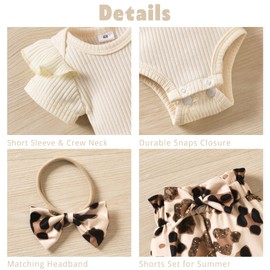 6-12 Months Infant Baby Girls Clothes Ribbed Cheetah Short Sleeve Bodysuit Bloomer Shorts Summer Outfits Leopard Apricot