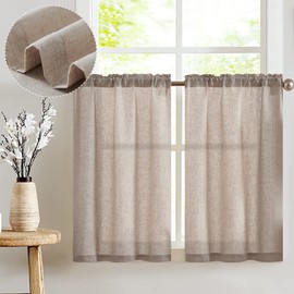 Vangao Brown Net Curtain, Semi-Transparent Bistro Curtain, Linen Kitchen Curtains, Privacy Window Curtain, Plain Short Curtain, Window Curtain, Living Room, Country House, Set of 2, 65 W x 60 H (cm)