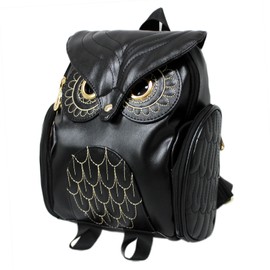 GinTai Women Girls Pu Leather Owl Cartoon Backpack Fashion Casual Satchel Small Backpack, Black