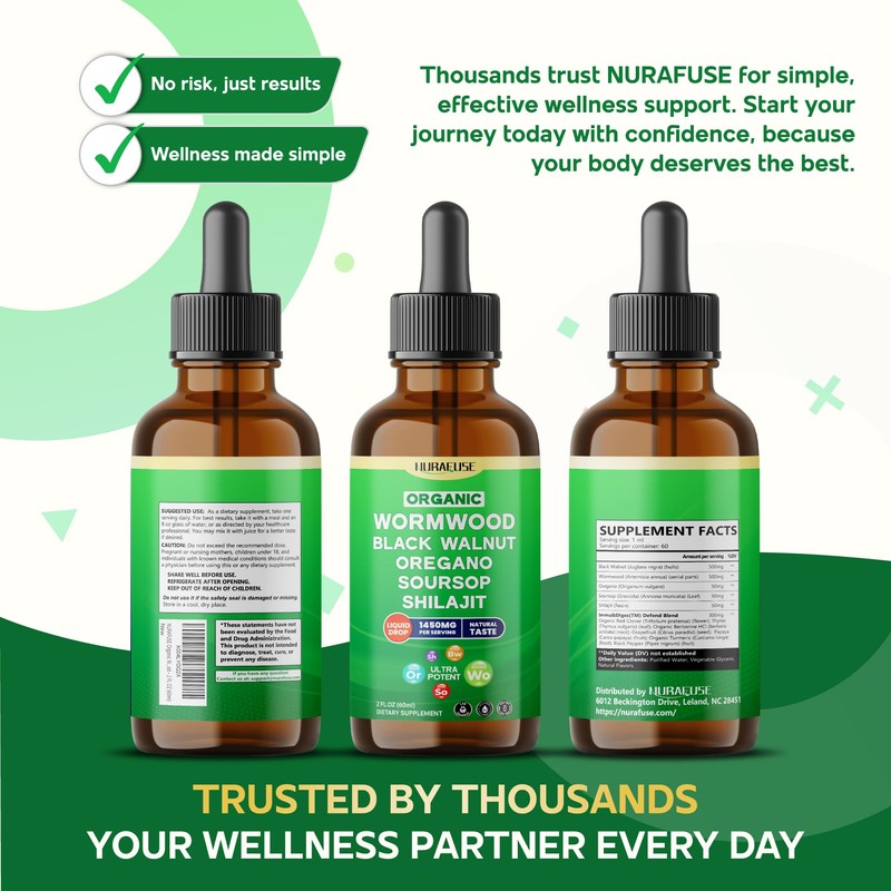 NURAFUSE Organic Wormwood, Black Walnut, Oregano, Soursop, Shilajit Liquid Drops