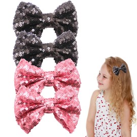 4Pcs Sparkling Sequin Hair Bows Clips - Nylon Mesh Bow-knot Bling Bling Glitter Alligator Hairpin Barrettes for Girls Kids Teens Women (Black/Pink)