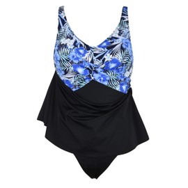 Septangle Traje de baño de una pieza para mujer con falda, talla grande, traje de baño con control de barriga, Azul Floral, 10