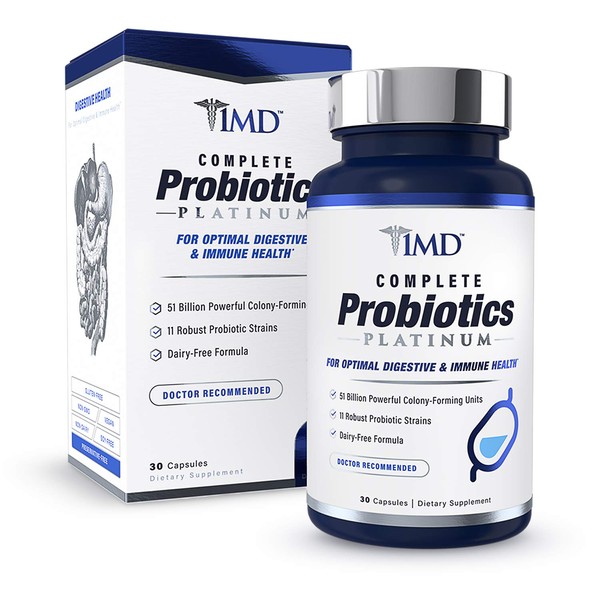 1MD Complete Probiotics Platinum - with Prebiotic Fiber | 51 Billion Live CFU, 11 Strains, Dairy-Free | 30 Vegetarian Capsules
