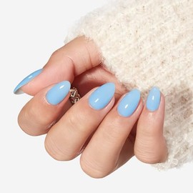 modelones Kit de uñas postizas ovaladas cortas azules con pegamento, adhesivos, lima, almohadilla de preparación y palito de manicura (32 unidades, 16