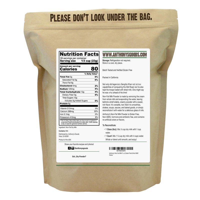 Anthony's Non Fat Milk Powder, 2 lb, Instant, Gluten Free