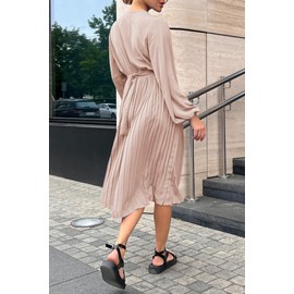 PRETTYGARDEN Women's Spring Midi Dress Long Puff Sleeve Wrap V Neck Flowy Ruffle Pleated Casual Fall Dresses (Apricot,XX-Large)