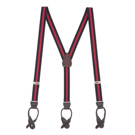 Suspender Store Dressy Striped Suspenders - 1-Inch Wide Elastic - Y-Back - Button - 42" for 5'0" to 5'9" tall - Navy/Red Stripes w/Brown Leather