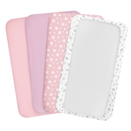Mini Crib Sheets, 4 Pack Fitted Pack n Play Sheets for Baby Girls/Boys , Stretchy Mini Crib Sheets 39''X27''X 5'' , Soft and Breathable Material, Pink