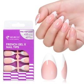 Gelike ec Medium Press-On Nails: Medium Pink French Almond Gel x Nail Tips, Full Coverage, Stick-On, No Need for Top Coat, Salon Quality, Comfortable to Wear, 60 Pieces, 15 Sizes