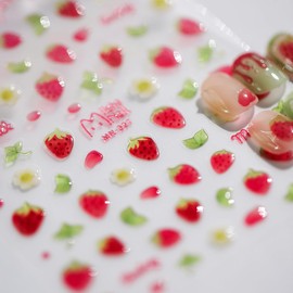 Strawberry Nail Art Stickers 5D Kawaii Strawberry Jelly Embossed Nail Decals Cute Strawberry Flower Sweet Summer Nails Design Adhesive Sliders Fruit Leaf Manicure Stickers for Nails Art Decorations