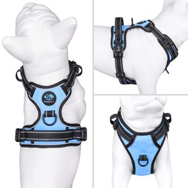 PHOEPET No Pull Dog Harness Reflective Adjustable with 2 Metal Leash Hooks and Soft Training Handle [Over The Head Design](M, Baby Blue)