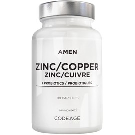 Amen Zinc & Copper + Probiotic Supplement – Zinc Bisglycinate 50 mg, Copper Glycinate 2 mg, Bacillus subtilis 2 Billion CFU – 3-Month Supply – 90 Vegan Capsules
