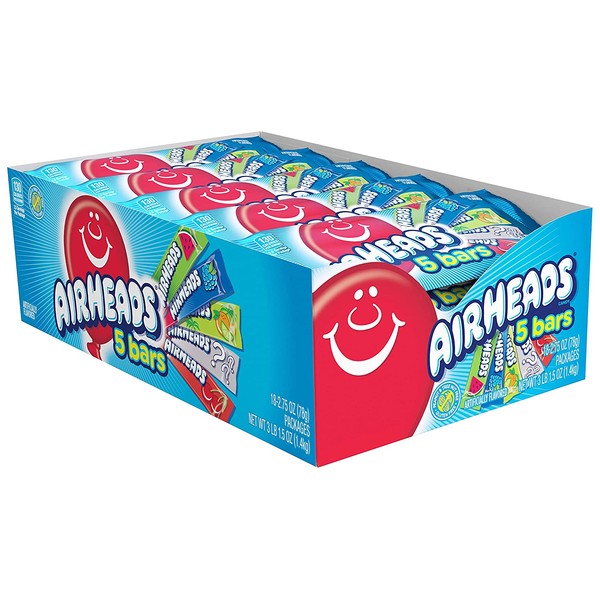 Airheads Variety 5 Full Size Bars Pack with Counter Display, Assorted Flavors, 18 Pack (90 Bars Total), 49.5 ounces