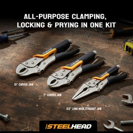 STEELHEAD 3-Piece Locking Pliers Set, 10-inch Curved Jaw, 7-Inch Curved Jaw & 6-1/2” Long Nose Straight Jaw, Integrated Wire Cutter, USA-Based Support