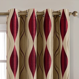 HOMEIDEAS Wave Room Darkening Curtains 52 X 84 Inch Length Burgundy and Beige Set of 2 Panels Bedroom Jacquard Grommet Window Drapes for Living Room