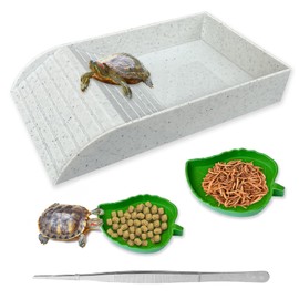 NGORAY Tortoise Feeding Dish with Ramp and Basking-Platform - Leaf Tortoise Water Food Bowls, Reptile Water Dish Amphibians Habitat, Reptile Water Bowl Fit for Amphibians with Forcep Cleaning Clip