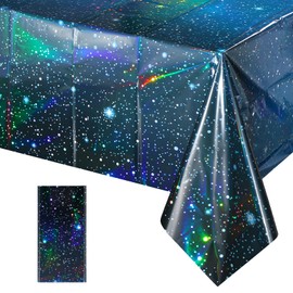 YIDAKO 1Pcs Iridescent Space Tablecloths, Disposable Plastic Blue Galaxy Table Cloth Rectangle Table Covers for Space Starry Night Star Theme Party Birthday Party Decorations, 54x108 Inch