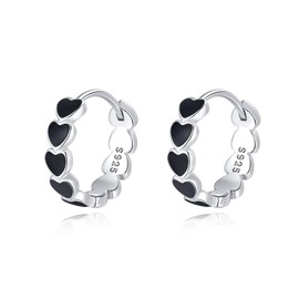 SLUYNZ 925 Sterling Silver Black Heart Hoop Earrings for Women Teen Girls Minimalist Black Hoop Earrings 1.5CM Hoop Earrings (A-Silver)