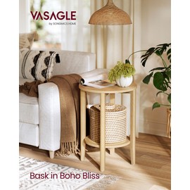VASAGLE Round Side End Table, 2-Tier Boho Bedside Table with Rattan-Look Storage Shelf, Nightstand for Small Spaces, for Living Room, Bedroom, Home Office, Oak Beige ULET296Y01