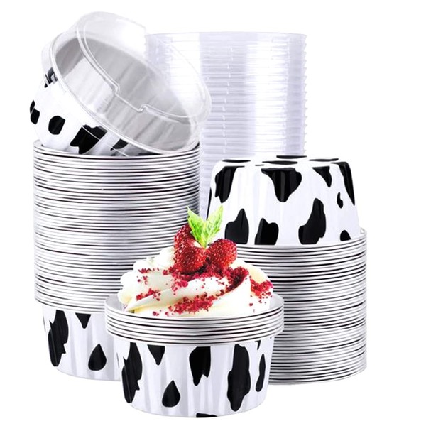 Aluminum Ramekins with Lids, 50pcs 5oz Aluminum Foil Baking Cups, Recyclable Foil Ramekins Muffin Liners, Aluminum Foil Dessert Containers Cupcake Holders Pans with Lids Cow Color