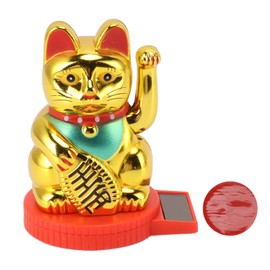 Lucky Cat Waving Arm, Solar Powered Waving Cat Japanese Maneki Neko Solar Fortune Cat with Waving Hand Paw up for Feng Shui Welcoming Beckoning Cat Statue Decoration(Gold)